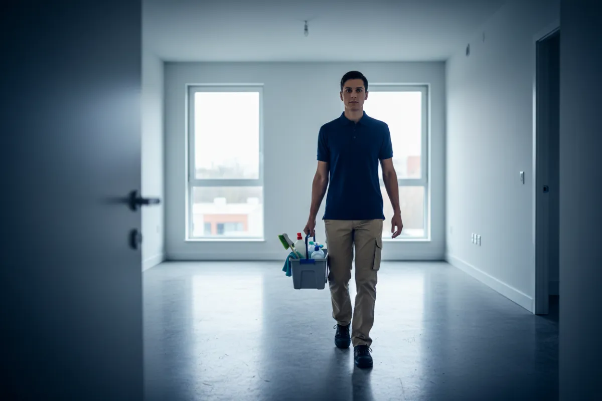 Professional cleaner arriving for an urgent vacant-unit turnover service.